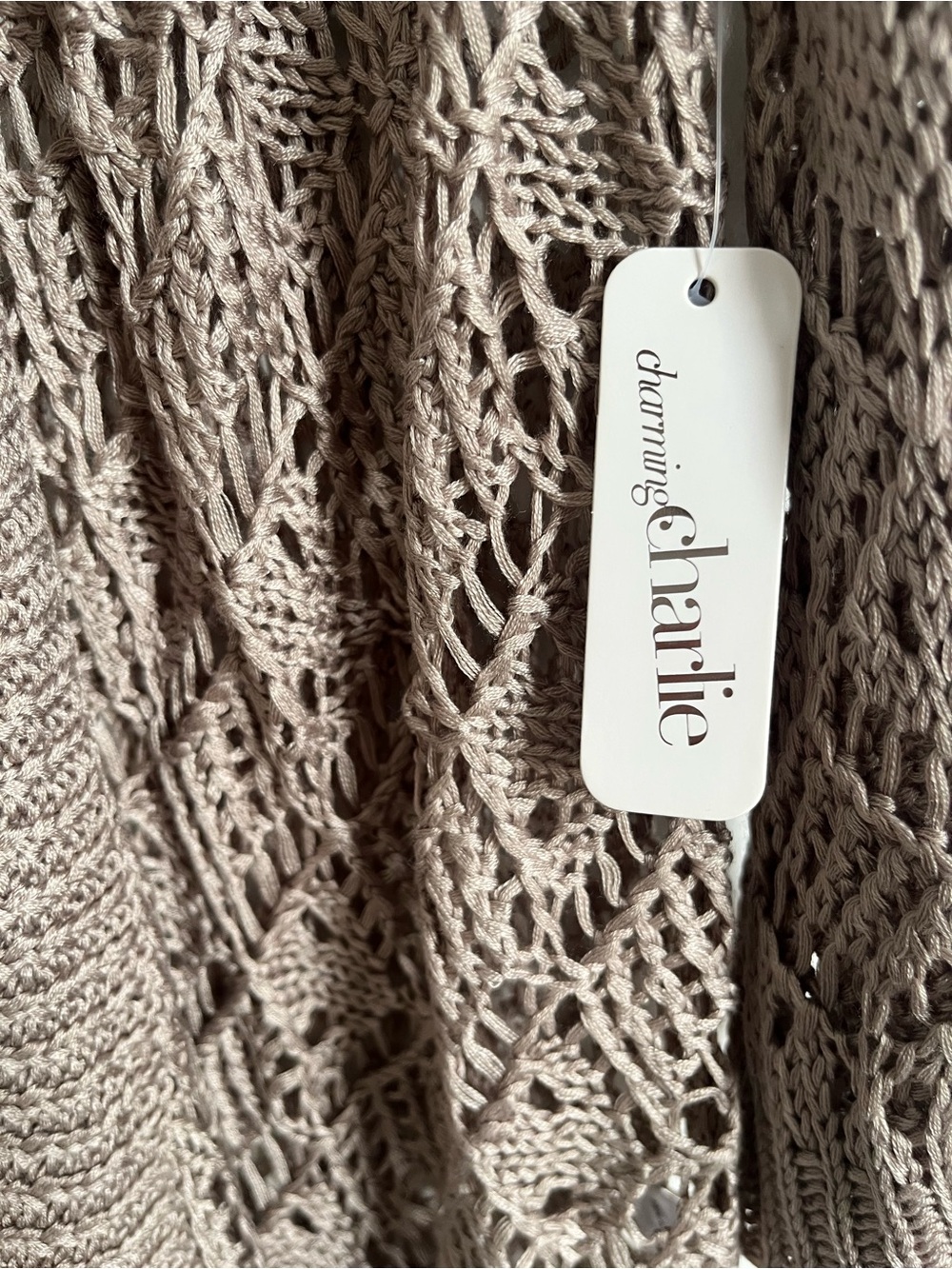 Charming Charlie Open-Front Crochet Cardigan in Taupe - Picture 3 of 4